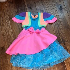 JoJo Siwa Pink and Blue Dance Costume with Puffy Sleeves and Two-Tiered Skirt